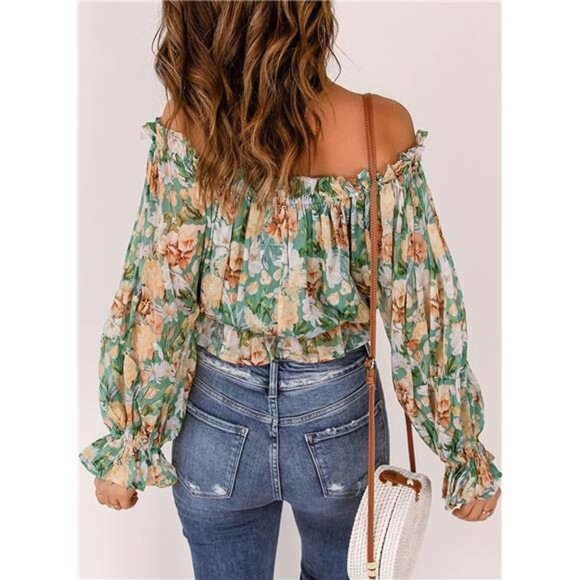 Green Floral Printed Off Shoulder Ruffle Babydoll Top Bishop Sleeve Blouse Top - Picture 3 of 6